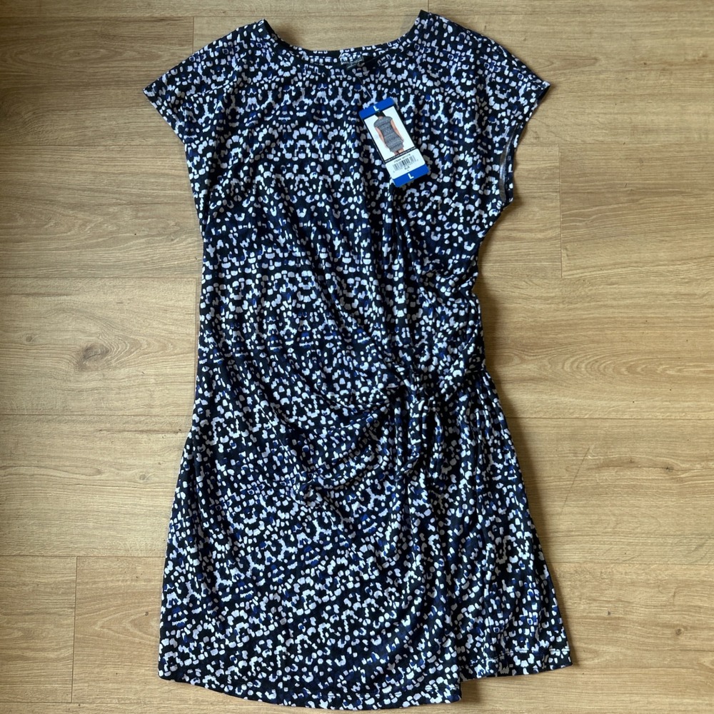 Adrienne Vittadini Blue White Abstract Print Side Knot Sheath Dress Large NWT